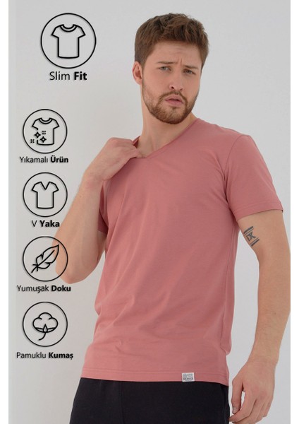 Gül Kurusu Basic Erkek V Yaka Slim Fit Kısa Kollu T-Shirt fırsatları