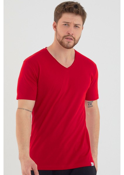 Kırmızı Basic Erkek V Yaka Slim Fit Kısa Kollu T-Shirt