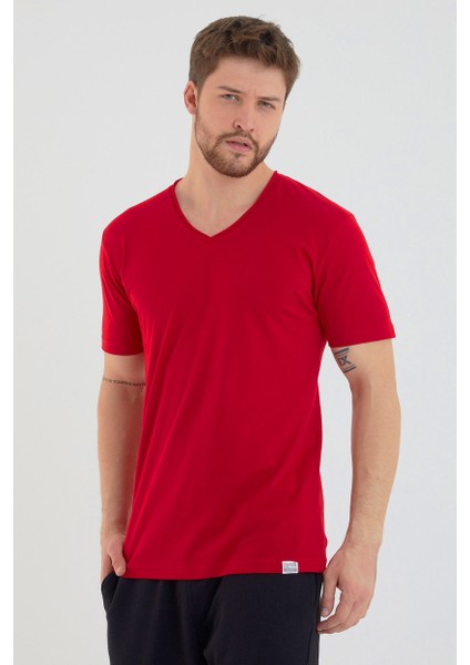 Kırmızı Basic Erkek V Yaka Slim Fit Kısa Kollu T-Shirt