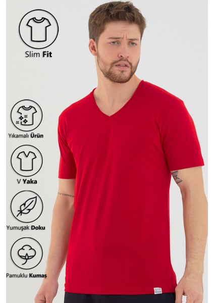 Kırmızı Basic Erkek V Yaka Slim Fit Kısa Kollu T-Shirt