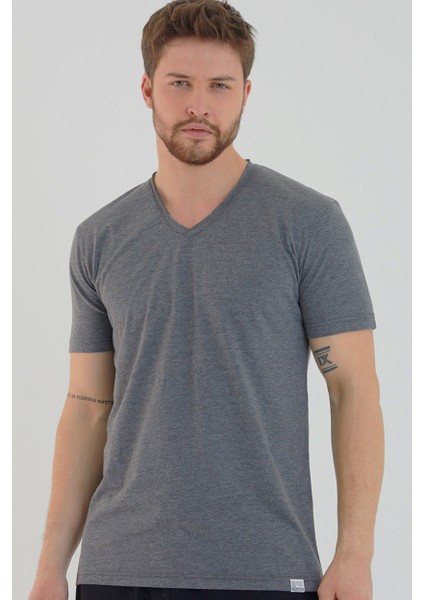 Antrasit Basic Erkek V Yaka Slim Fit Kısa Kollu T-Shirt
