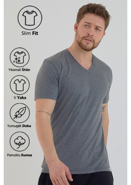 Antrasit Basic Erkek V Yaka Slim Fit Kısa Kollu T-Shirt fırsatları
