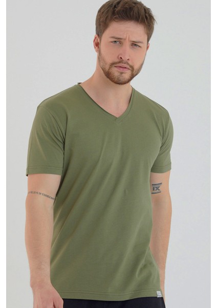 Haki Basic Erkek V Yaka Slim Fit Kısa Kollu T-Shirt