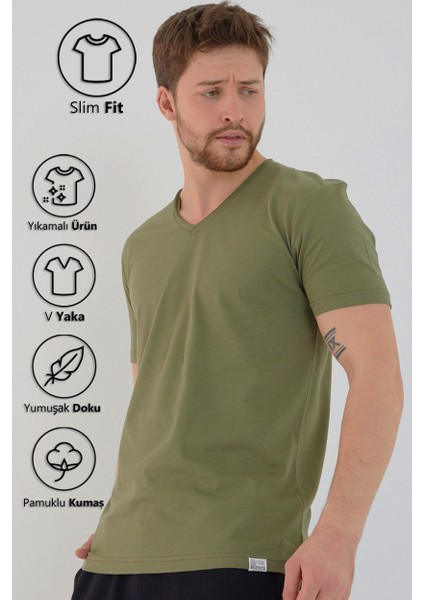 Haki Basic Erkek V Yaka Slim Fit Kısa Kollu T-Shirt fırsatları