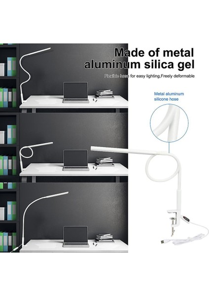 Uzun Kol Masa Lambası Klip Ofis LED Masa Lambası USB Göz Koruyucu Lamba Yatak Odası LED Işık 5-Seviye Parlaklık ve Renk 10 W (Yurt Dışından)