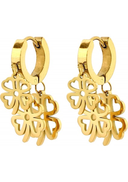 Çelik Üç Yoncalı Sallantılı Küpe - Gold