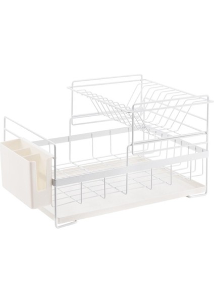 Bulaşık Kurutma Rafı Pp Kaplı Çift Katmanlı Organizatör Çatal Tutucu Çanak Süzgeç Beyaz