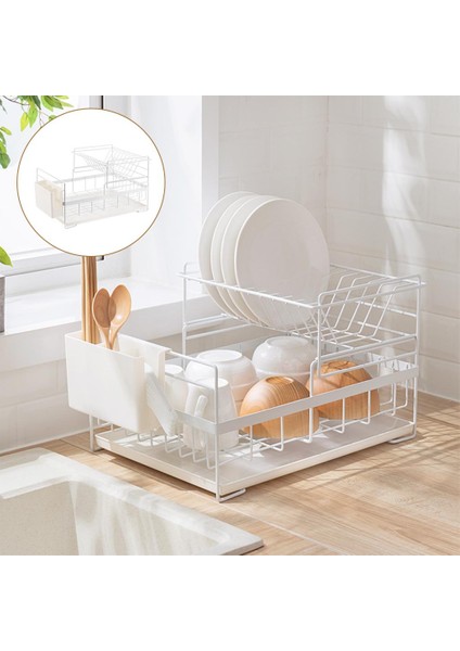 Bulaşık Kurutma Rafı Pp Kaplı Çift Katmanlı Organizatör Çatal Tutucu Çanak Süzgeç Beyaz fiyatları