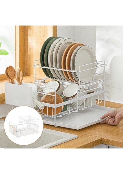 Bulaşık Kurutma Rafı Pp Kaplı Çift Katmanlı Organizatör Çatal Tutucu Çanak Süzgeç Beyaz modelleri