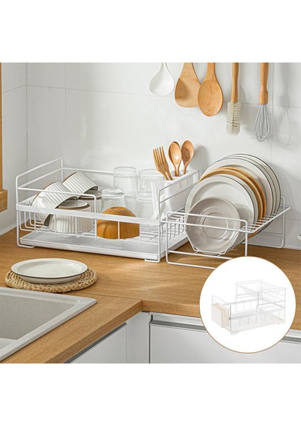 Bulaşık Kurutma Rafı Pp Kaplı Çift Katmanlı Organizatör Çatal Tutucu Çanak Süzgeç Beyaz fırsatları