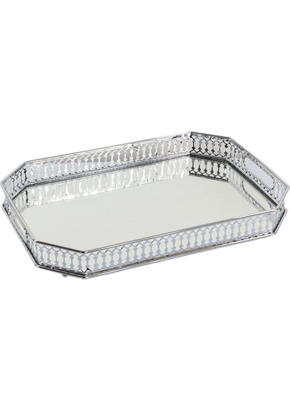 Retro Makyaj Aynalı Vanity Tepsi Takı Parfüm Küpe Tepsi Dekor Depolama Gümüş