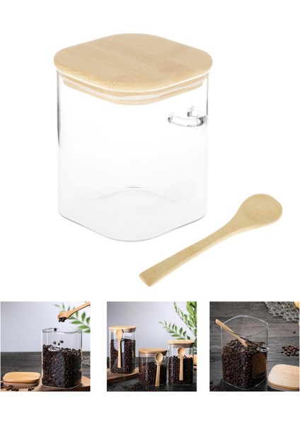 Bambu Kapaklı Cam Kavanoz ve Kaşık Hava Geçirmez Gıda Depolama Tenekesi 800ML
