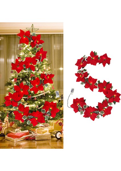 Noel 2 M Poinsettia Çiçek Garland LED Işık Çiçek Süs Çiçek Band