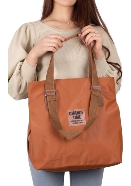 Kadın Taba Pat Detaylı Shopper Çanta