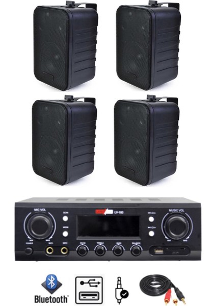 Black Wall Small Paket-2 Hoparlör ve Anfi Ses Sistemi Seti (1 ANFİ + 4 HOPARLÖR)