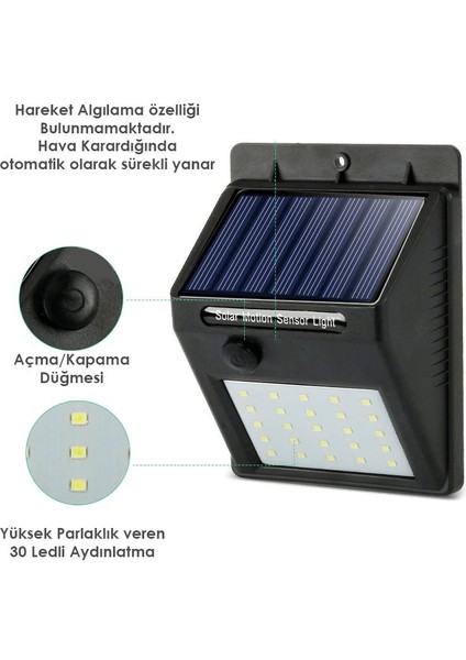 1ADET 30 Ledli Solar Bahçe Aydınlatma Lamba Dış Mekan Güneş Enerjili fırsatları