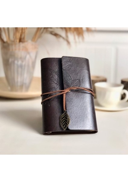 Yaprak Tasarımlı Retro Deri Defter Kalem Koyu Kahverengi
