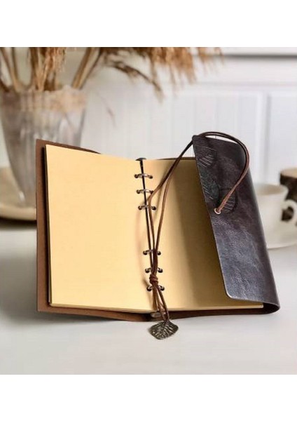 Yaprak Tasarımlı Retro Deri Defter Kalem Koyu Kahverengi fiyatları