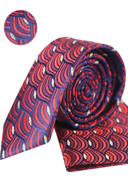 Erkek Kiraz Rengi Slim Kesim Mendilli Desenli Kravat