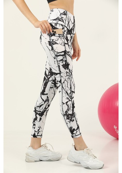 Missmaral Kadın Tayt Yüksek Bel Çift Cepli Beyaz - Siyah Mermer Desenli Dijital 1058