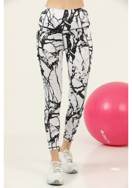 Missmaral Kadın Tayt Yüksek Bel Çift Cepli Beyaz - Siyah Mermer Desenli Dijital 1058 fiyatları