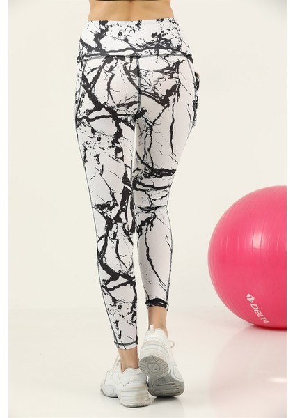 Missmaral Kadın Tayt Yüksek Bel Çift Cepli Beyaz - Siyah Mermer Desenli Dijital 1058 modelleri