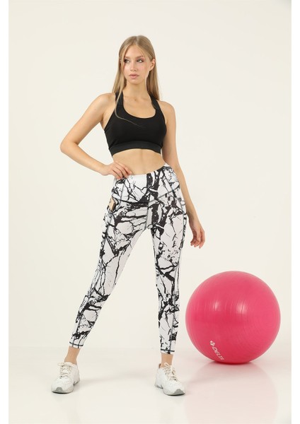 Missmaral Kadın Tayt Yüksek Bel Çift Cepli Beyaz - Siyah Mermer Desenli Dijital 1058 fırsatları