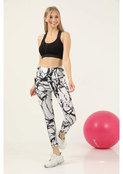 Missmaral Kadın Tayt Yüksek Bel Çift Cepli Beyaz - Siyah Mermer Desenli Dijital 1058 indirimleri