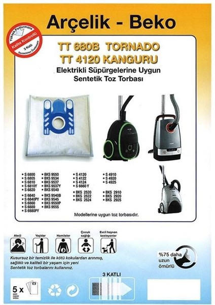 Arçelik S 4910 Tornado Silence Bez Toz Torbası 20 Adet+Motor Koruma Filtresi