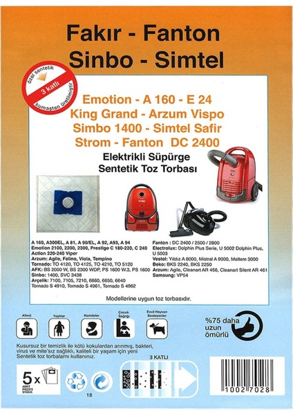 Arçelik S 4250 Tornado Süpürge Toz Torbası (20 Ad+Motor Koruma Filttesi