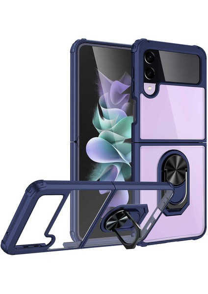 Samsung Galaxy Z Flip 3 Kılıf Şeffaf Sararmaz Yüzüklü Mola Kapak Lacivert