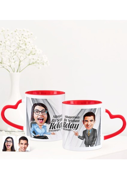 Kişiye Özel Ikili Nihayetinde Karikatürlü Kalpli Kupa Set