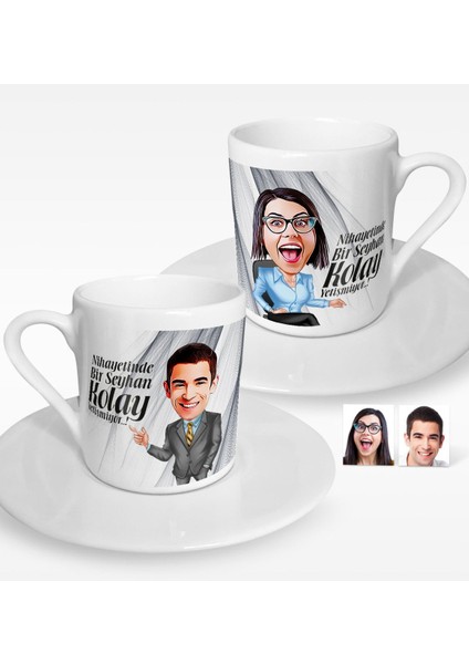 Kişiye Özel Ikili Nihayetinde Karikatürlü Kahve Fincanı Set