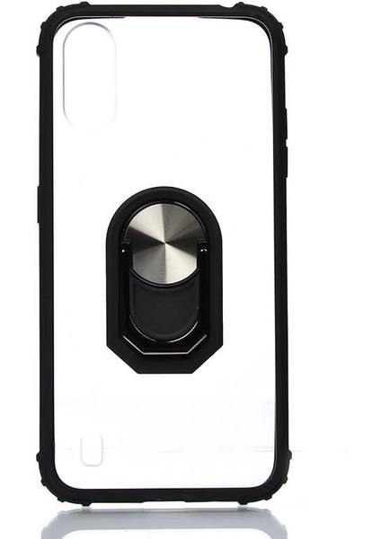 Samsung Galaxy A01 Kılıf Şeffaf Sararmaz Yüzüklü Mola Kapak Siyah