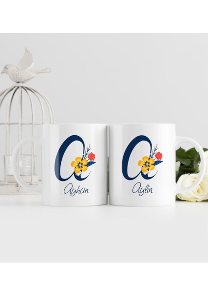 Kişiye Özel Harf ve Isim Tasarımlı Ikili Beyaz Kupa Bardak-2