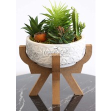 Yapay Çiçek Deposu Ahşap Ayaklı Beton Saksida Yapay Succulent Bahçesi
