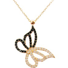 Lia Berto Rose Kaplama Siyah Beyaz Taşlı Kelebek 925 Ayar Gümüş Kolye