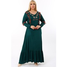 Kheos Nakışlı V Yaka Püsküllü Eteği Fırfırlı Uzun Kol Tam Boy Elbise