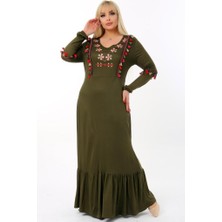 Kheos V Yaka Püsküllü Eteği Fırfırlı Uzun Kol Nakışlı Tam Boy Elbise