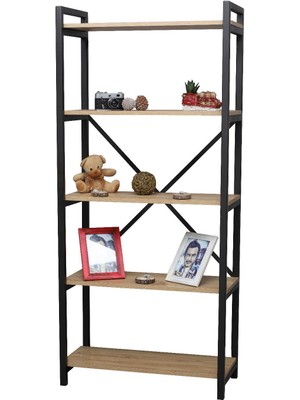 Mowo Açık Kahverengi 5 Raflı Metal Kitaplık Suntalam Malzeme ile 34 x 65 x 180 cm Boyutlarında