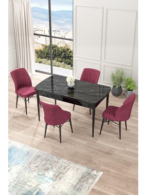 Canisa Concept Nef Serisi 70 x 114 Cm, Açılabilir Mdf Mutfak Masa Takımı, Siyah Mermer Desen Masa ve 4 Sandalye
