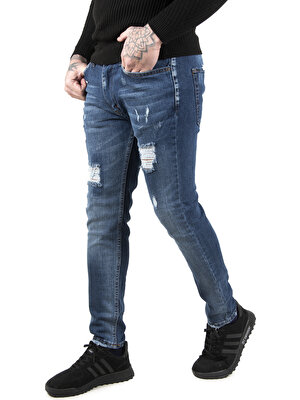Deepsea Taşlamalı Yırtıklı Lazer Kesim Slim Fit Erkek Kot Pantolon 2200101