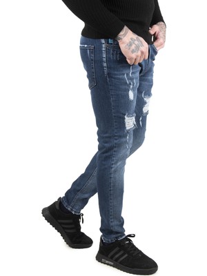 Deepsea Taşlamalı Yırtıklı Lazer Kesim Slim Fit Erkek Kot Pantolon 2200101