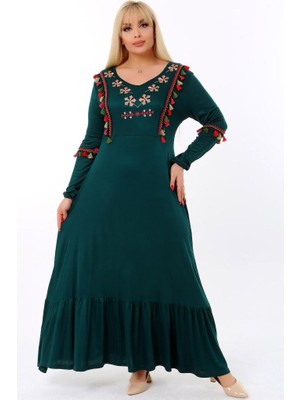 Kheos V Yaka Püsküllü Eteği Fırfırlı Uzun Kol Nakışlı Tam Boy Elbise