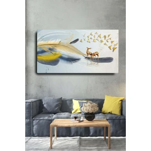 Home Arths Dekoratif Soyut Altın Geyikli Tüy Sürreal Kanvas Duvar Tablosu (120 x 60 Cm)