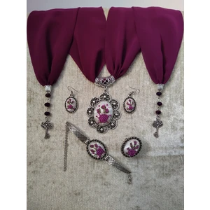 Adil Store Fular ve Takı Seti Adilstore Brezilya Nakış Işlemeli ( Rokoko ) Fular, Bileklik, Yüzük ve Küpe Set