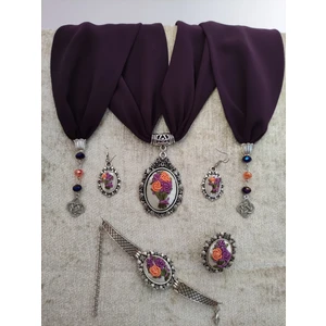 Adil Store Fular ve Takı Seti Adilstore Brezilya Nakış Işlemeli ( Rokoko ) Fular, Bileklik, Yüzük ve Küpe Set