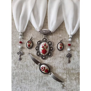 Adil Store Fular ve Takı Seti Adilstore Brezilya Nakış Işlemeli ( Rokoko ) Fular, Bileklik, Yüzük ve Küpe Set