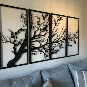 Dekoratif Son Bahar Siyah 4'lü Hayat Ağacı  Ahşap Tablo 50*100CM
