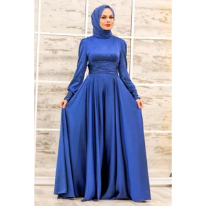 NEVA STYLE Tesettür Abiye Elbise - Drape Detaylı Indigo Mavisi Tesettür Abiye Elbise 2511IM